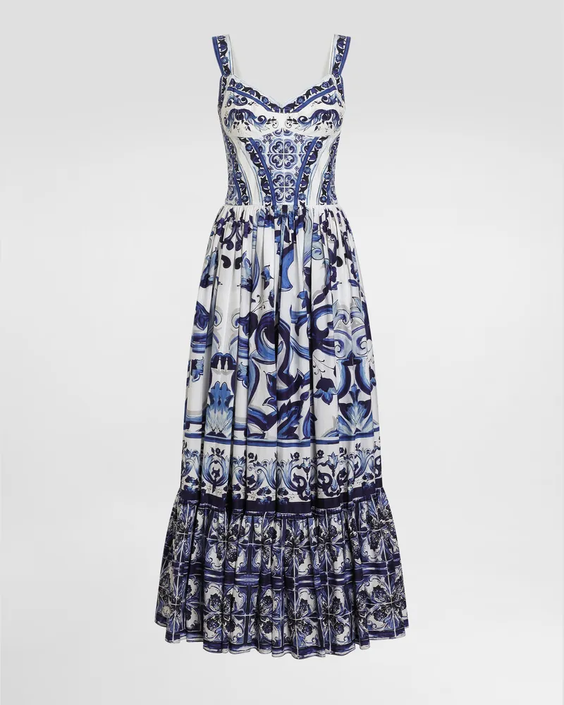 Dolce & Gabbana Longuette-bustierkleid Aus Popeline Majolika-print - Frau Kleider Blau Baumwolle Mehrfarbig
