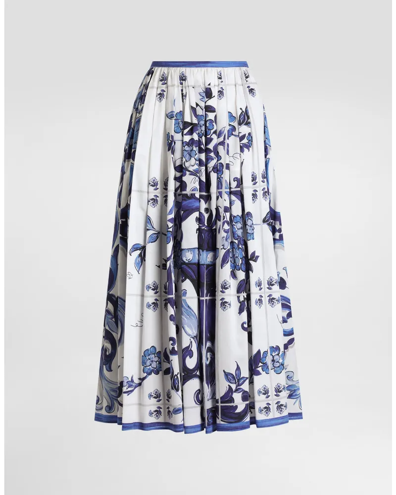Dolce & Gabbana DG EXCLUSIVE  Langer Rock Aus Baumwollsatin Mit Majolika-print - Frau Röcke Blau Drucken
