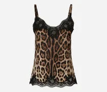 Slip Top Aus Satin Leoprint Mit Spitze - Frau Blusen Und Tops Animalprint Satin