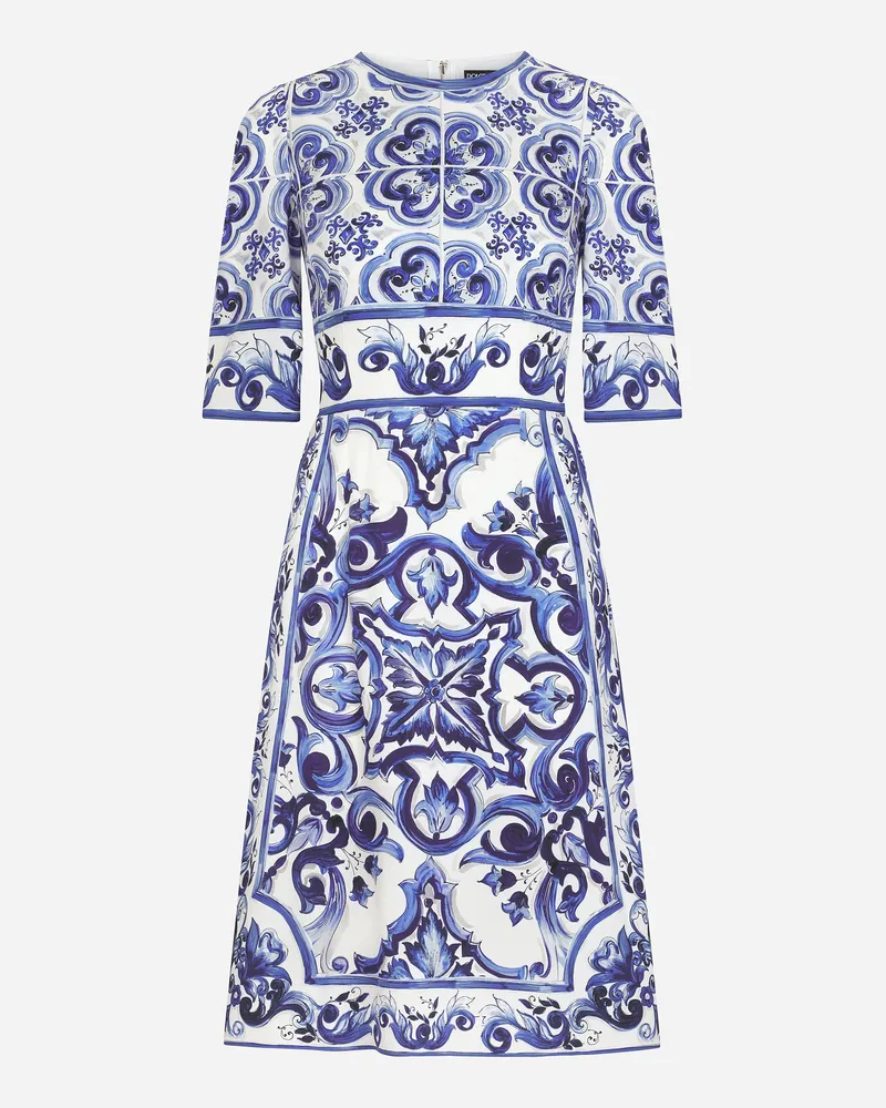 Dolce & Gabbana Midikleid Aus Charmeuse Majolika-print - Frau Kleider Blau Seide Mehrfarbig