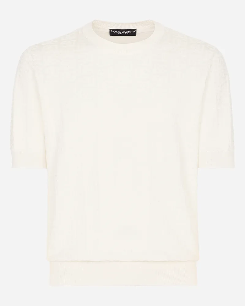 Dolce & Gabbana Silk Jacquard Round-neck Sweater With Dg Logo - Mann Strickwaren Wei White