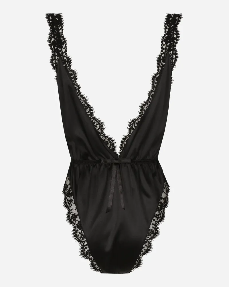 Dolce & Gabbana Body Mit Hohem Beinausschnitt Aus Satin Und Spitze - Frau Unterwäsche Schwarz Schwarz