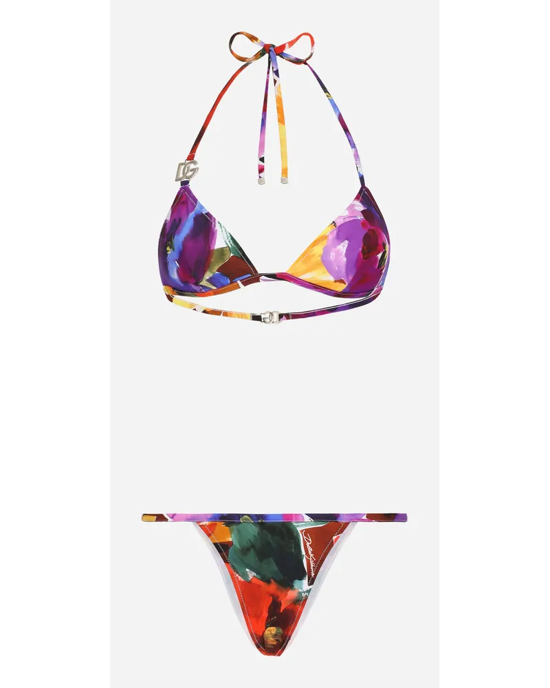 Dolce & Gabbana Triangel-Bikini mit DG-Logo und abstraktem Blumenprint Print