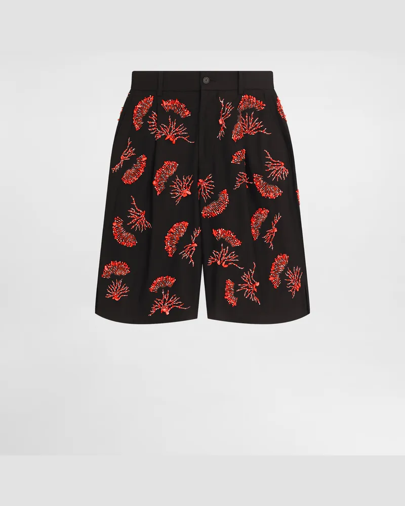 Dolce & Gabbana Bermudas Aus Baumwolltwill Mit Korallenstickerei - Mann Hosen Und Shorts Schwarz Baumwolle Schwarz