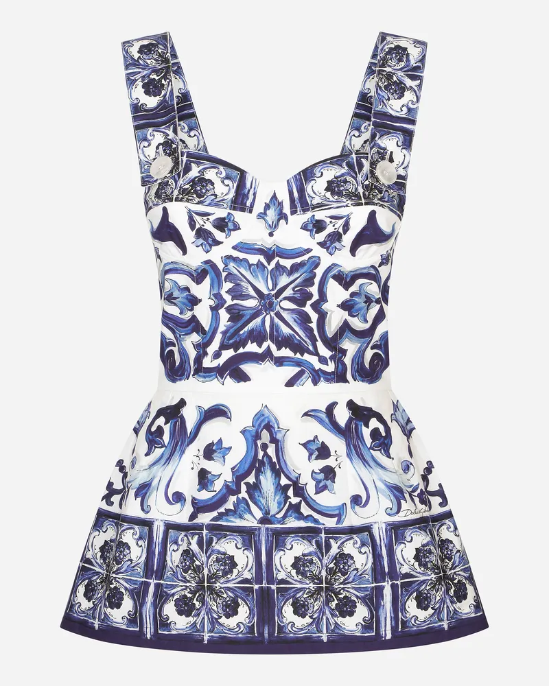 Dolce & Gabbana Top Aus Popeline Majolika-print Mit Schößchen - Frau Blusen Und Tops Blau Baumwolle Mehrfarbig