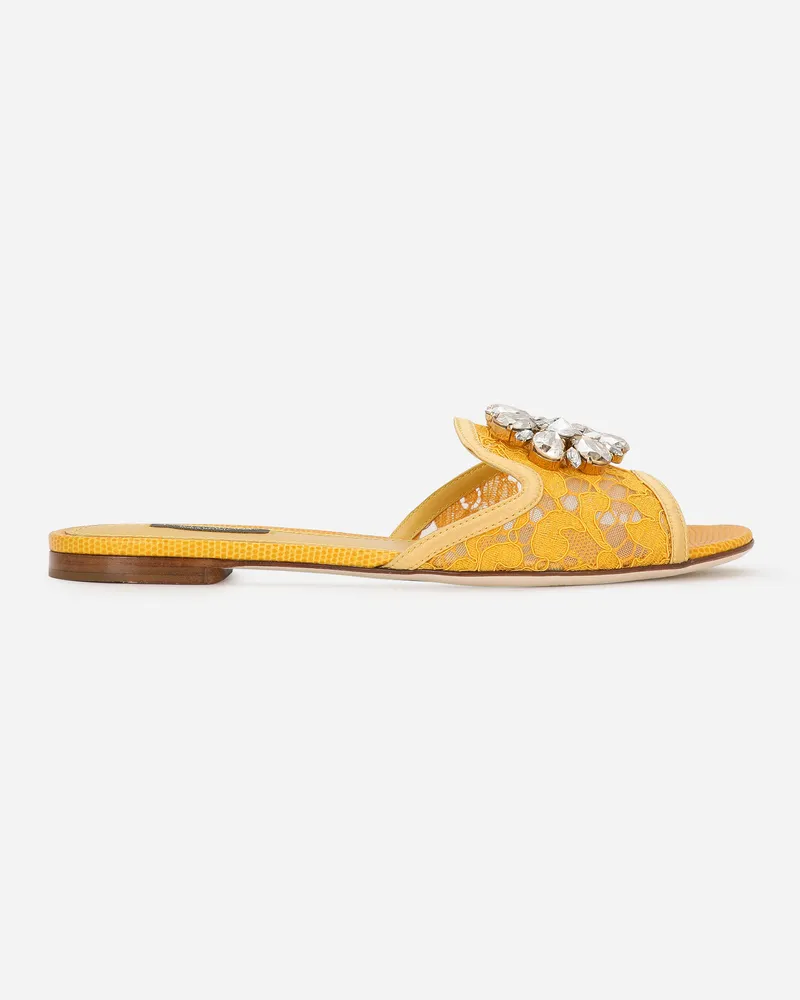 Dolce & Gabbana Slipper Aus Spitze Mit Kristallen - Frau Pantoletten Und Mules Gelb Gelb