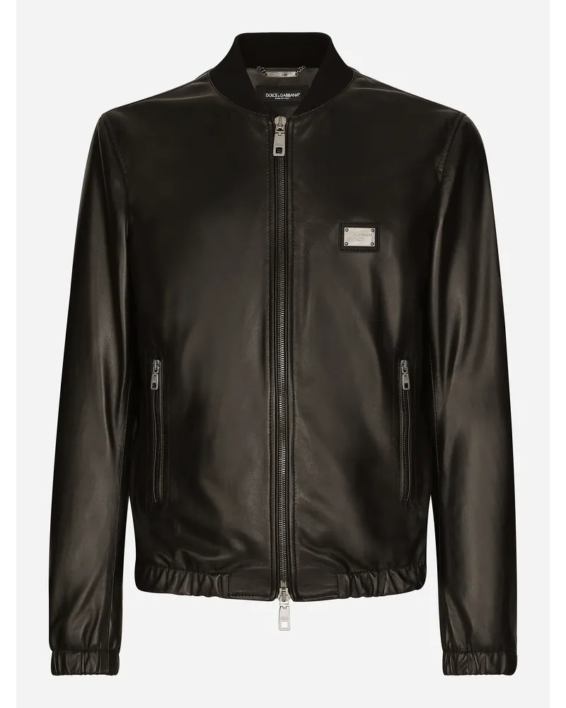 Dolce & Gabbana Lederjacke mit Logoplakette Schwarz