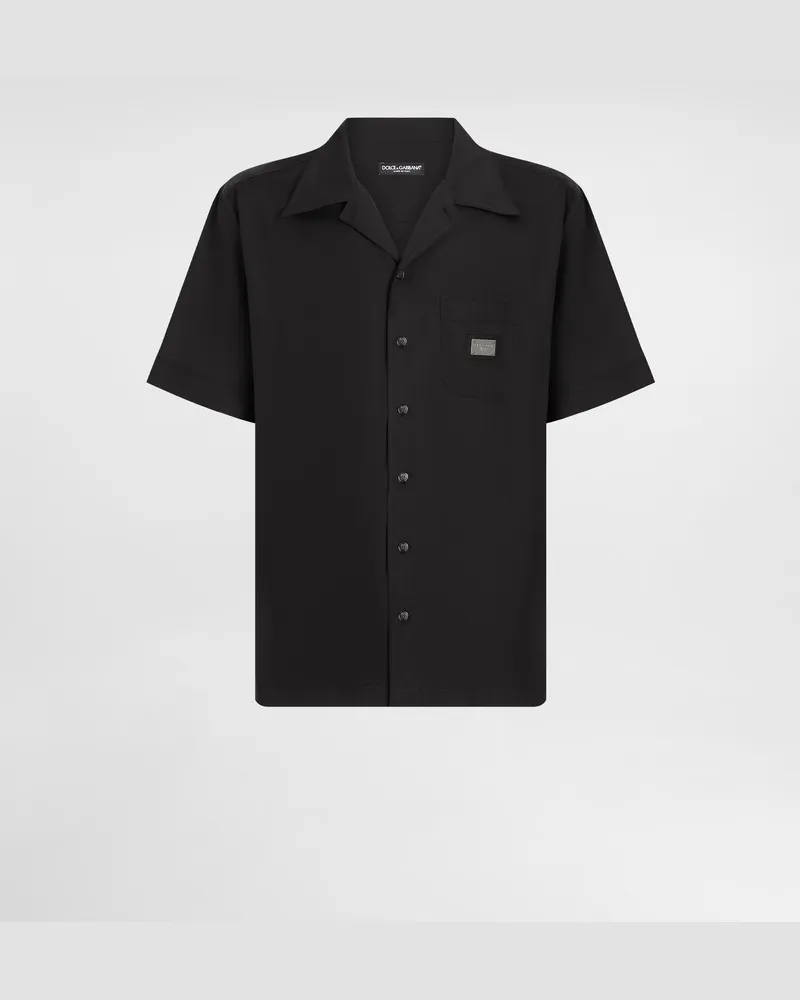 Dolce & Gabbana Hawaiihemd Aus Baumwolle Mit Logoplakette - Mann Hemden Schwarz Baumwolle Schwarz