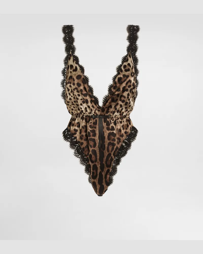 Dolce & Gabbana Bodysuit Aus Satin Mit Leo-print - Frau Unterwäsche Animalprint Drucken