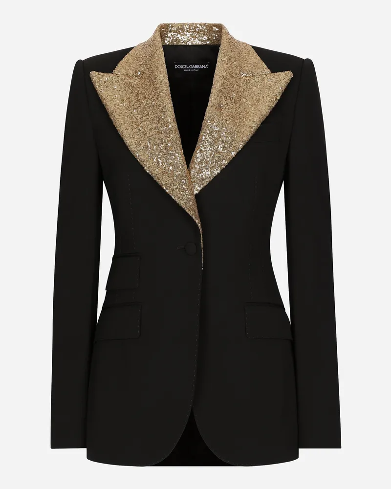 Dolce & Gabbana Einreihige Turlington-jacke Aus Wolle Mit Pailletten-revers - Frau Blazer Schwarz Wolle Schwarz