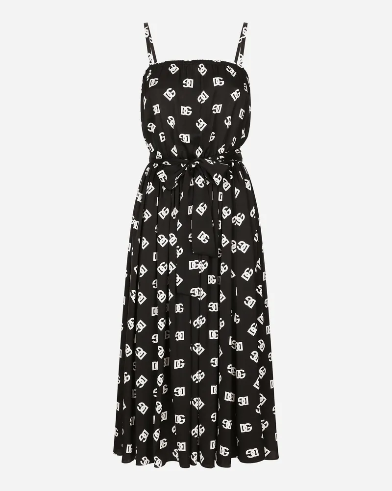 Dolce & Gabbana Longuette-kleid Aus Charmeuse Dg-logoprint Allover - Frau Kleider Schwarz Print