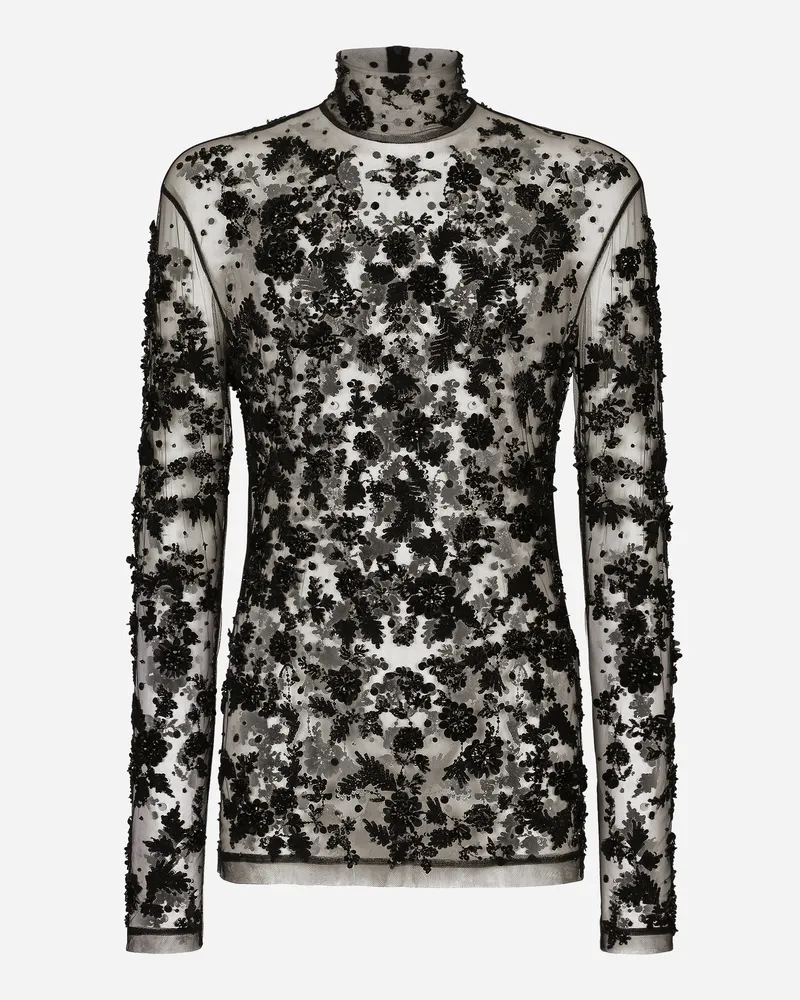 Dolce & Gabbana T-shirt Aus Tüll Mit Hohem Kragen Und Paillettenstickereien - Mann T-shirts Und Polos Schwarz T�ll Schwarz