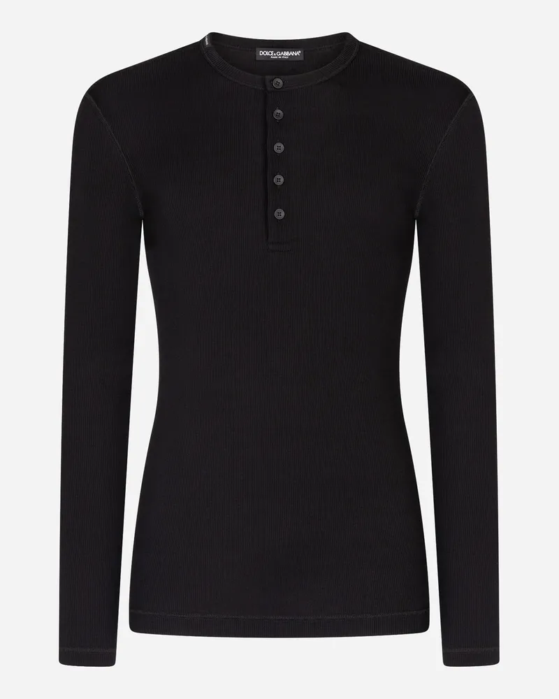 Dolce & Gabbana Serafino-t-shirt Langarm Gerippte Baumwolle - Mann T-shirts Und Polos Schwarz Baumwolle Schwarz