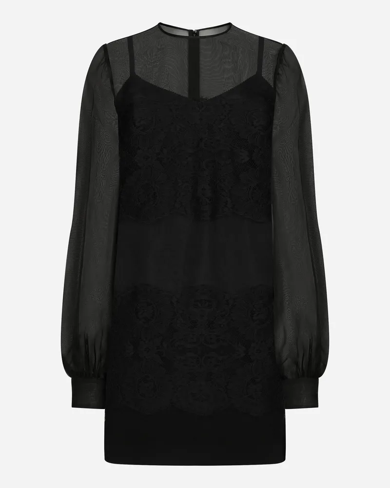 Dolce & Gabbana Kurzes Kleid Aus Organza Mit Spitzeneinsatz - Frau Kleider Schwarz Schwarz