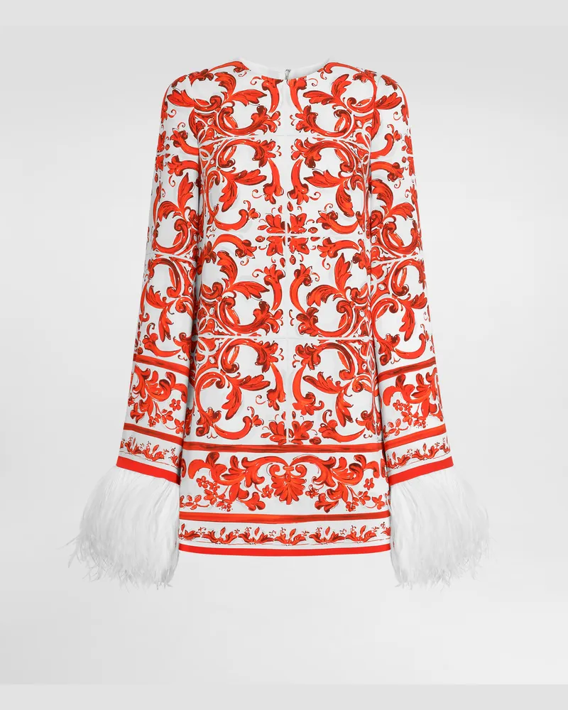 Dolce & Gabbana Kleid Aus Charmeuse Mit Majolika-print Und Federfransenbesatz - Frau Kleider Mehrfarbig Mehrfarbig