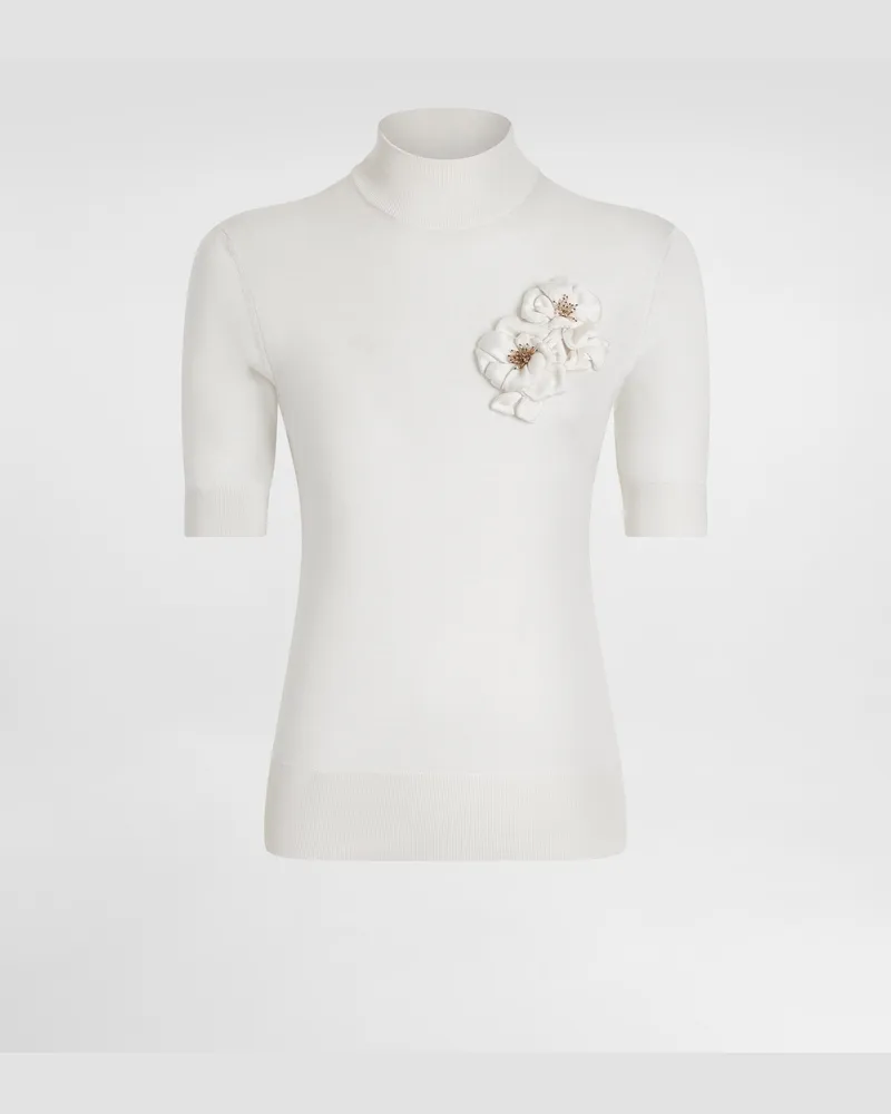Dolce & Gabbana Pullover Aus Seide Mit Blumenbrosche - Frau Strickwaren Wei Weiss