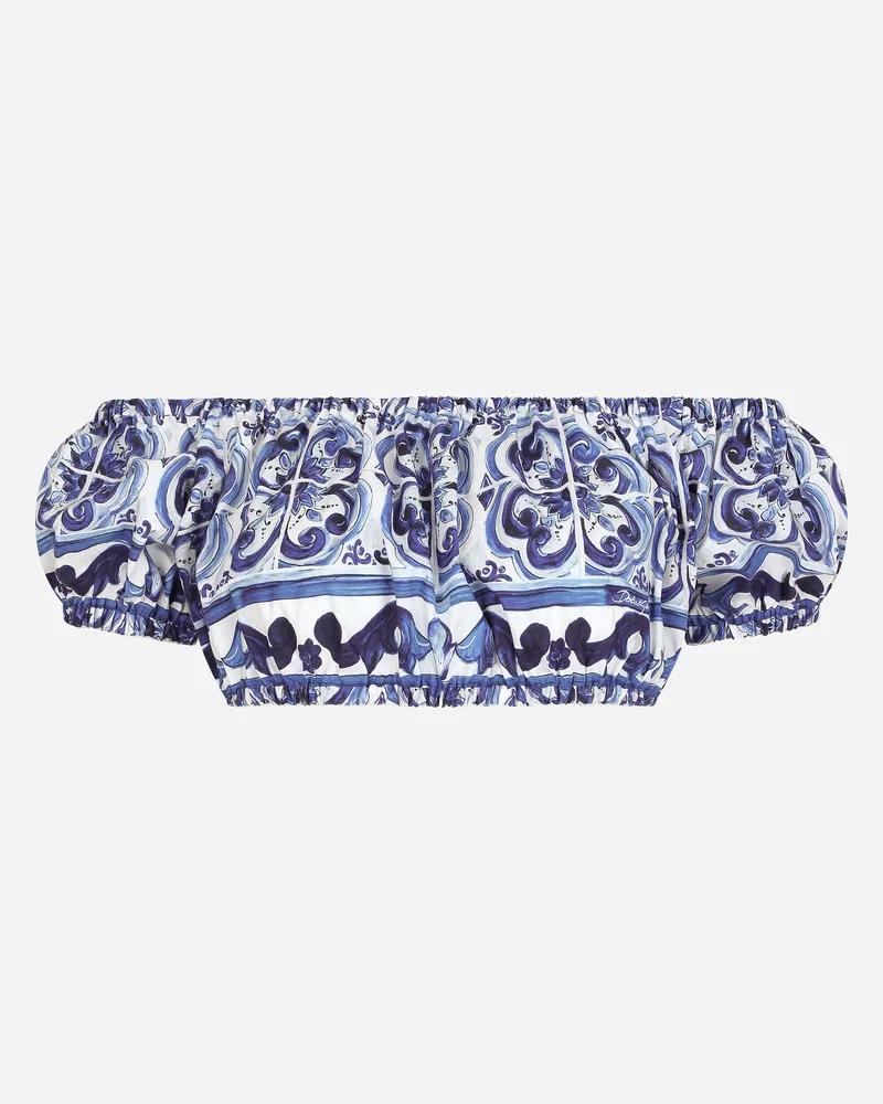 Dolce & Gabbana Kurzes Oberteil Aus Popeline Majolika-print - Frau Blusen Und Tops Blau Baumwolle Mehrfarbig