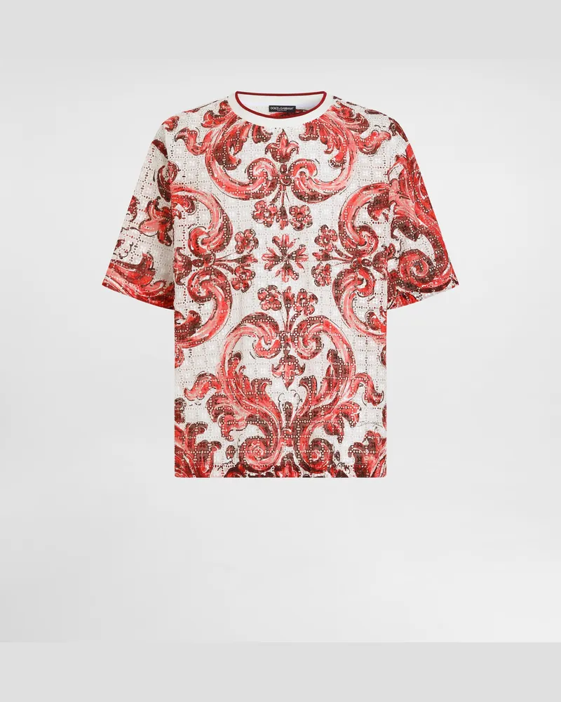 Dolce & Gabbana T-shirt Aus Sangallo-spitze Mit Majolika-print - Mann T-shirts Und Polos Multicolor Multicolor
