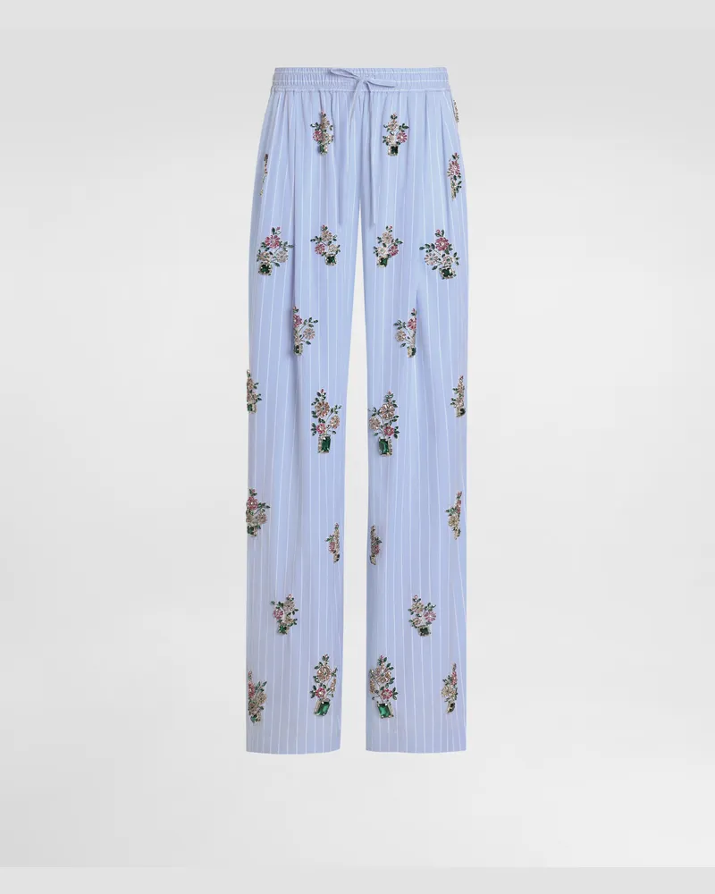 Dolce & Gabbana Striped Poplin Trousers With Crystal Flower Embroidery - Frau Hosen Und Shorts Mehrfarbig Multicolor