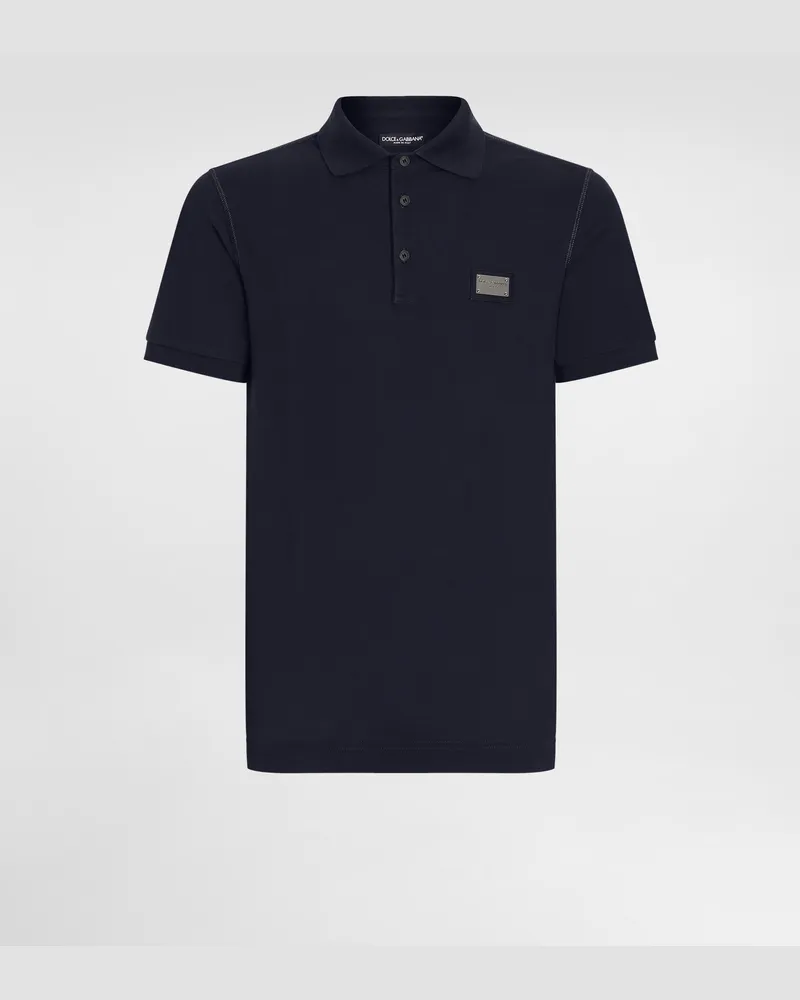 Dolce & Gabbana Poloshirt Baumwollpikee Mit Logoplakette - Mann T-shirts Und Polos Blau Baumwolle Blau