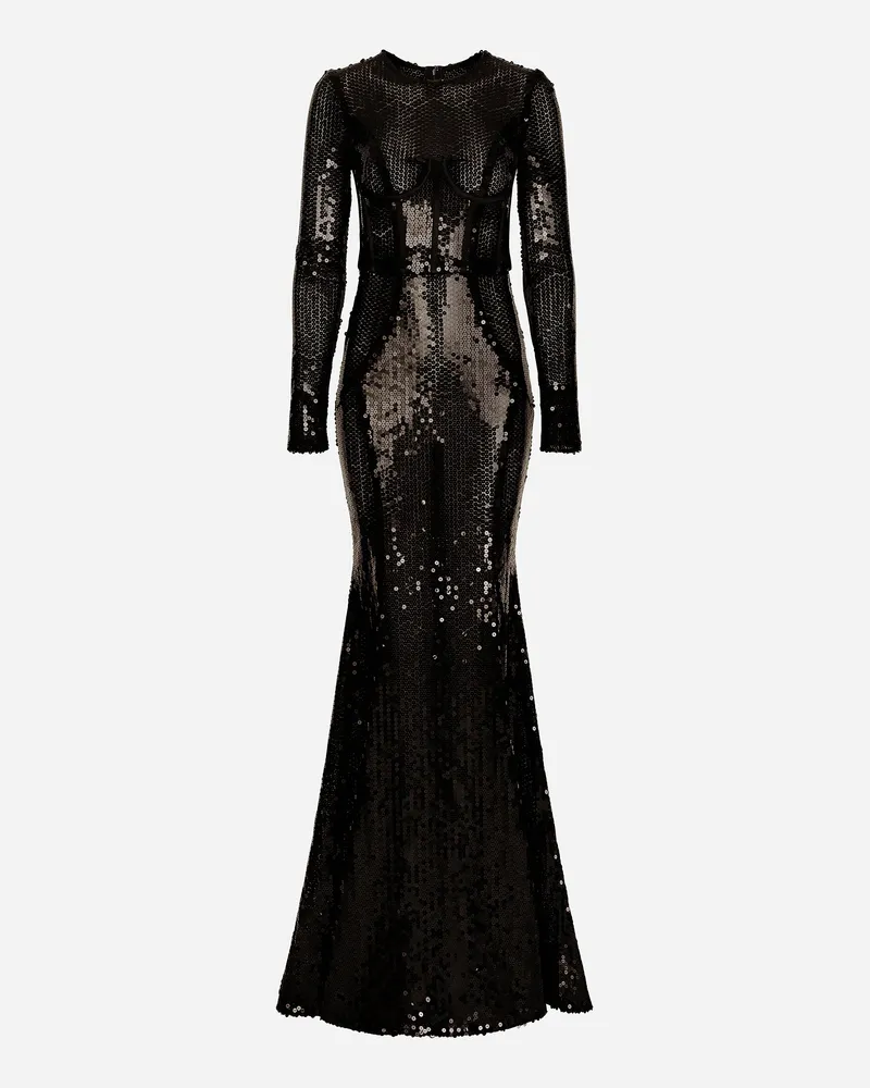 Dolce & Gabbana Langes Paillettenkleid Mit Bustier-detail - Frau Kleider Schwarz Schwarz