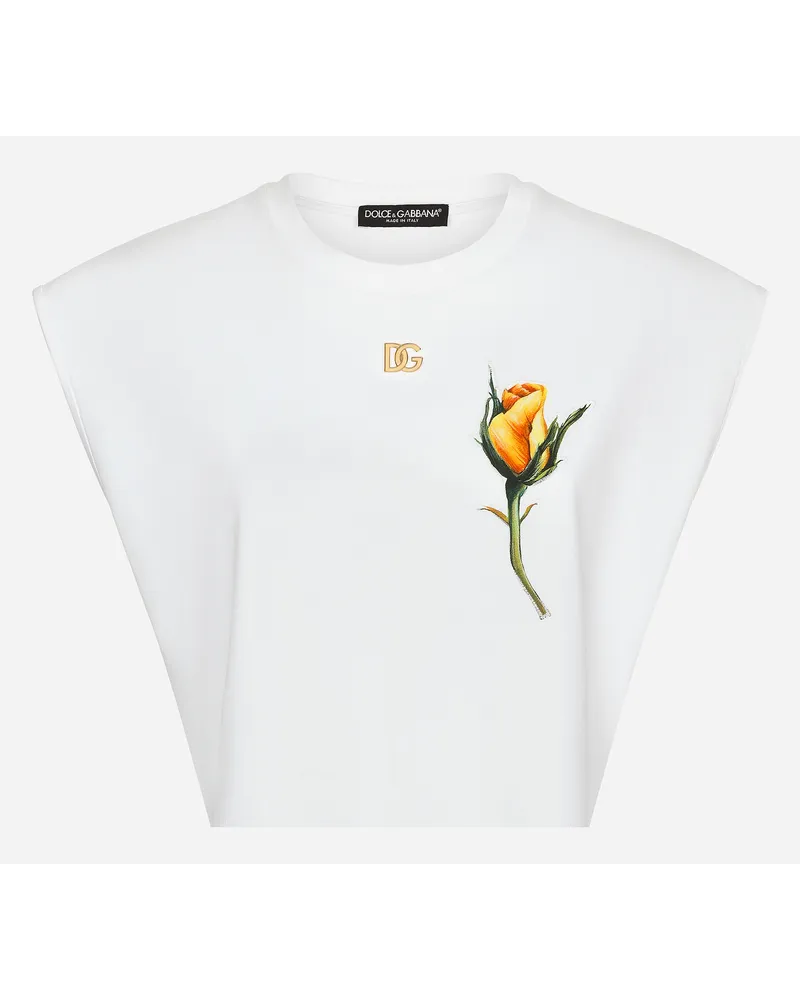 Dolce & Gabbana Cropped-T-Shirt aus Jersey mit DG-Logo und Rosen-Stickpatch Weiss