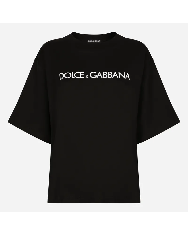 Dolce & Gabbana Kurzarm-T-Shirt aus Baumwolle mit Dolce&Gabbana-Schriftzug Schwarz