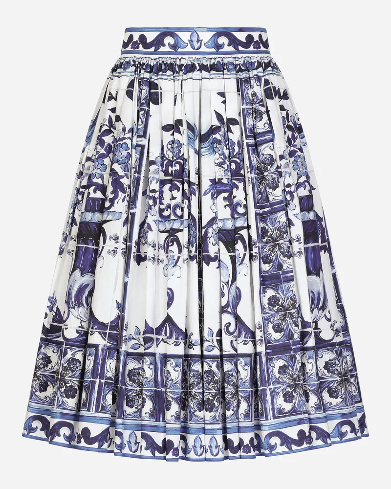 Dolce & Gabbana Midirock Aus Popeline Majolika-print - Frau Röcke Blau Baumwolle Mehrfarbig