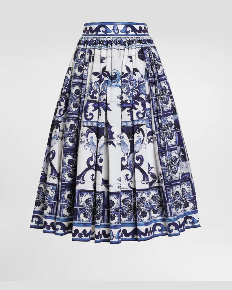 Dolce & Gabbana Midirock Aus Popeline Majolika-print - Frau Röcke Blau Baumwolle Mehrfarbig
