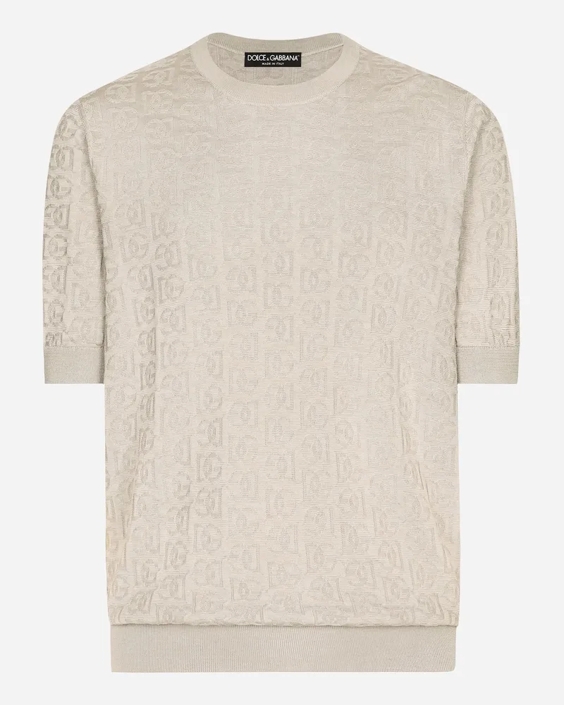 Dolce & Gabbana Rundhalspullover Aus Seidenjacquard Dg-logo - Mann Strickwaren Beige Beige
