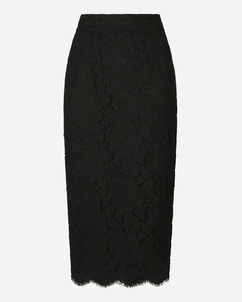 Dolce & Gabbana Midirock Aus Elastischer Spitze Mit Logo - Frau Röcke Schwarz Schwarz
