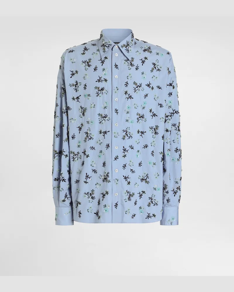 Dolce & Gabbana Hemd Aus Baumwolle Mit Stickerei - Mann Hemden Hellblau Azurblau