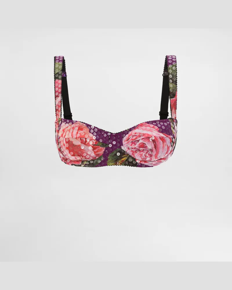 Dolce & Gabbana Balconette-bh Aus Paillettenbesetztem Cady Rosenprint - Frau Unterwäsche Drucken Drucken
