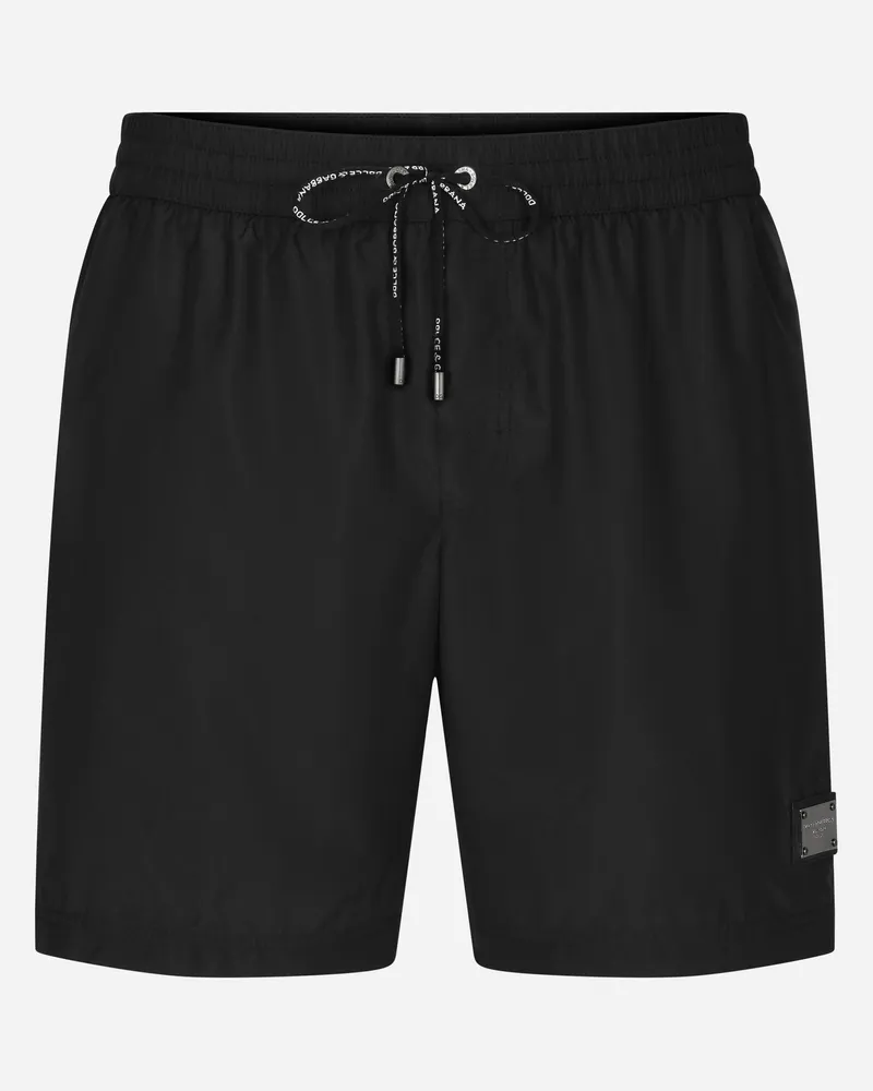Dolce & Gabbana Mid-length Swim Trunks With Branded Plate - Mann Beachwear Schwarz Stoff Schwarz