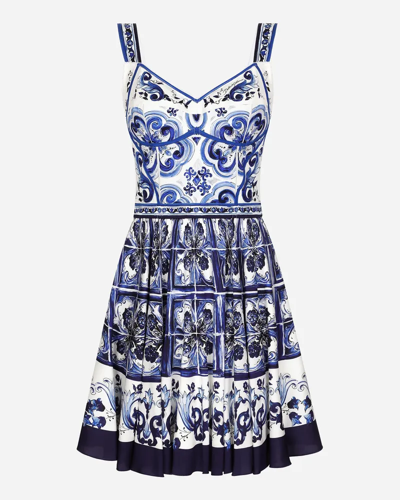 Dolce & Gabbana Kurzes Kleid Majolika-print - Frau Kleider Blau Seide Mehrfarbig