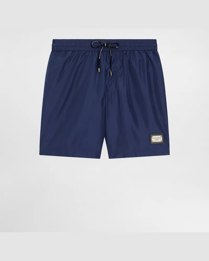 Dolce & Gabbana Mid-length Swim Trunks With Branded Plate - Mann Beachwear Blau Stoff Blau