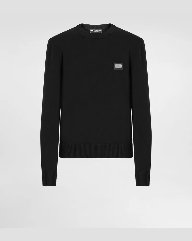 Dolce & Gabbana Rundhalspullover Aus Wolle Mit Logoplakette - Mann Strickwaren Schwarz Wolle Schwarz
