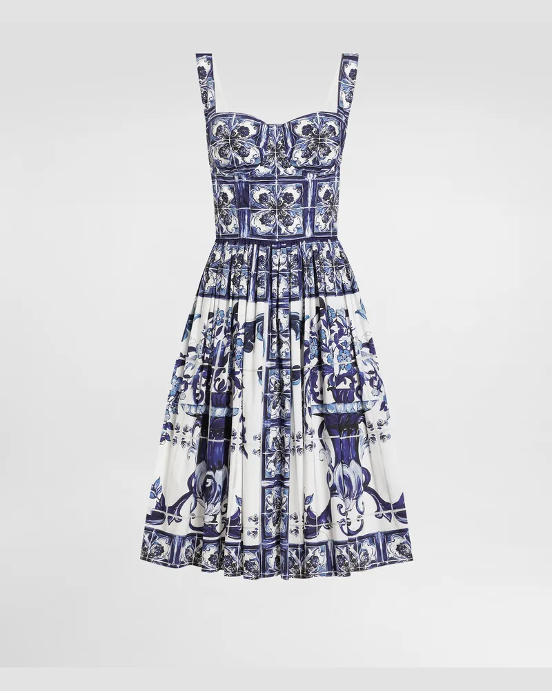 Dolce & Gabbana Bustier-midikleid Aus Popeline Majolika-print - Frau Kleider Blau Baumwolle Mehrfarbig