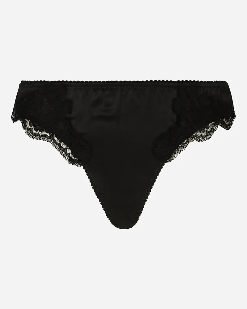 Dolce & Gabbana Tanga Aus Satin Mit Spitze - Frau Unterwäsche Schwarz Seide Schwarz