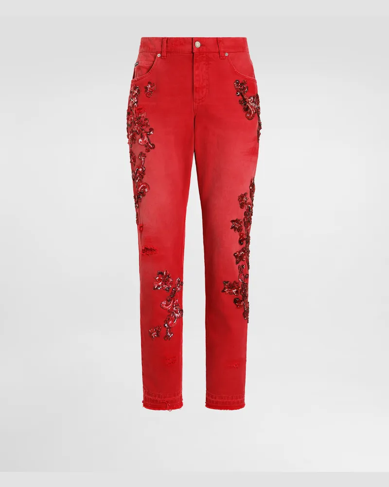Dolce & Gabbana Denimhose Aus Baumwoll-denim Mit Kristallapplikationen - Mann Jeans Rot Rot