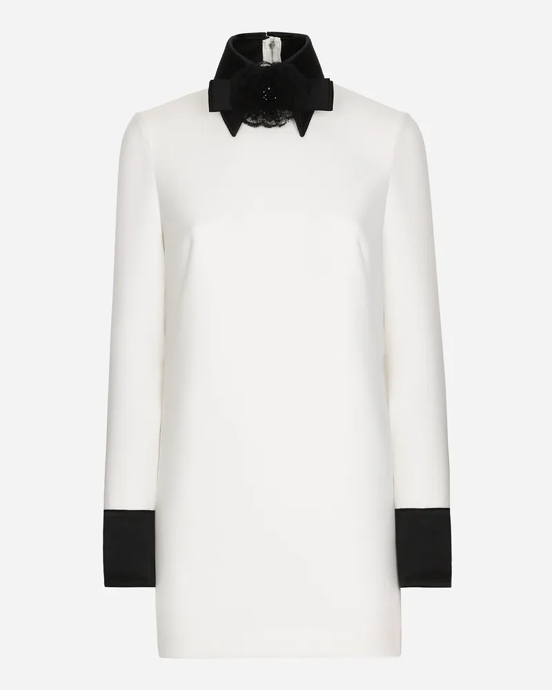 Dolce & Gabbana Kurzes Kleid Aus Wolle In Leinwandbindung Mit Satindetails - Frau Kleider Wei White
