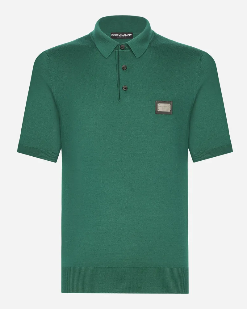 Dolce & Gabbana Poloshirt Aus Wolle Mit Logoplakette - Mann Strickwaren Gr�n Wolle Mehrfarbig