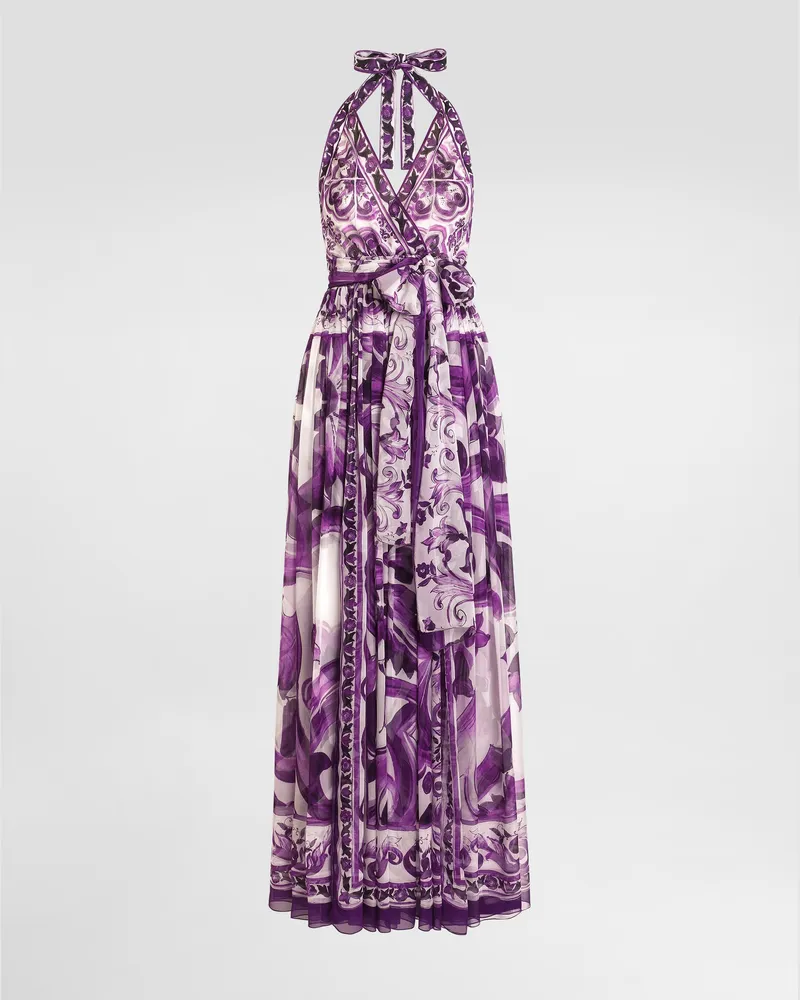 Dolce & Gabbana Majolica-print Long Chiffon Dress - Frau Kleider Multicolor Seide Multicolor