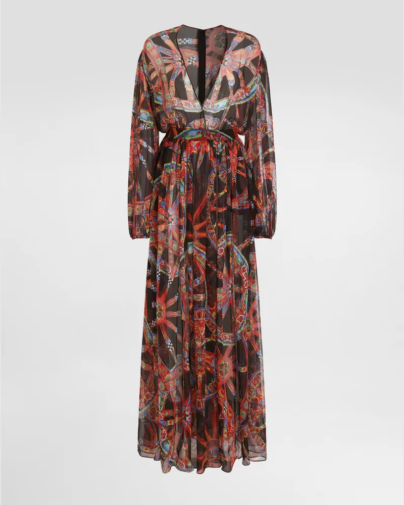 Dolce & Gabbana Langes Kleid Aus Chiffon Mit Carretto-print - Frau Kleider Mehrfarbig Mehrfarbig