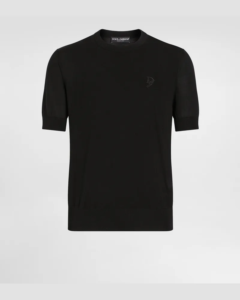 Dolce & Gabbana Rundhalspullover Aus Seide Dg-stickerei - Mann Strickwaren Schwarz Schwarz