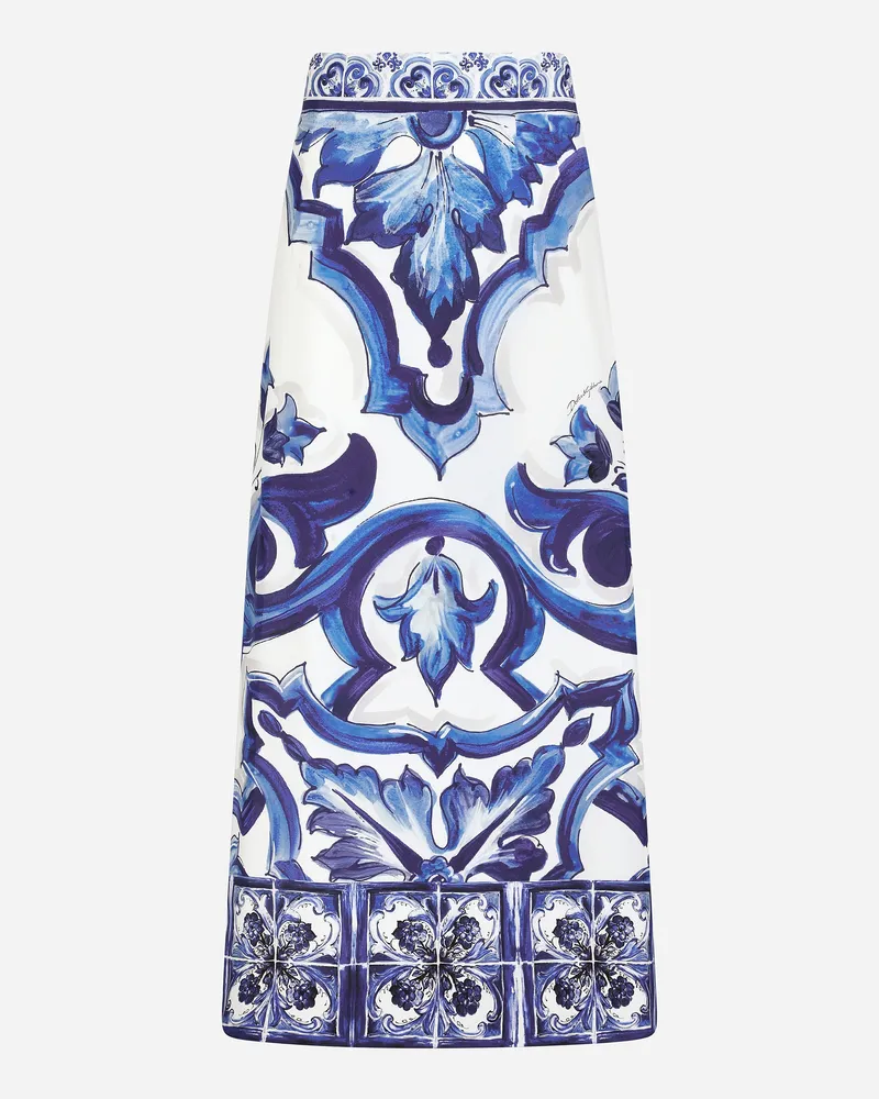 Dolce & Gabbana Longuette-rock Aus Charmeuse Majolika-print Mit Schlitz - Frau Röcke Blau Seide Mehrfarbig