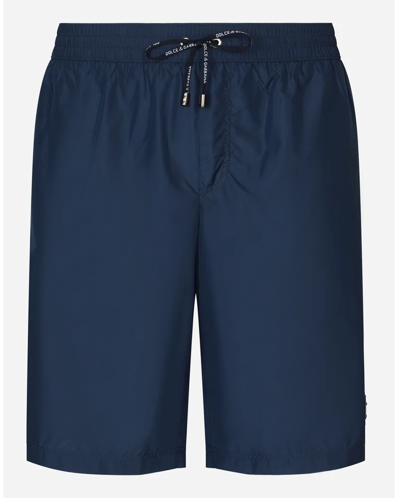 Dolce & Gabbana Mid-length swim trunks with branded plate Blau