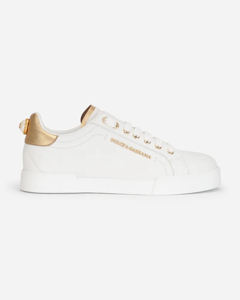 Dolce & Gabbana Portofino Sneakers Aus Kalbsnappaleder Mit Lettering - Frau Sneakers Wei� Leder Weiss