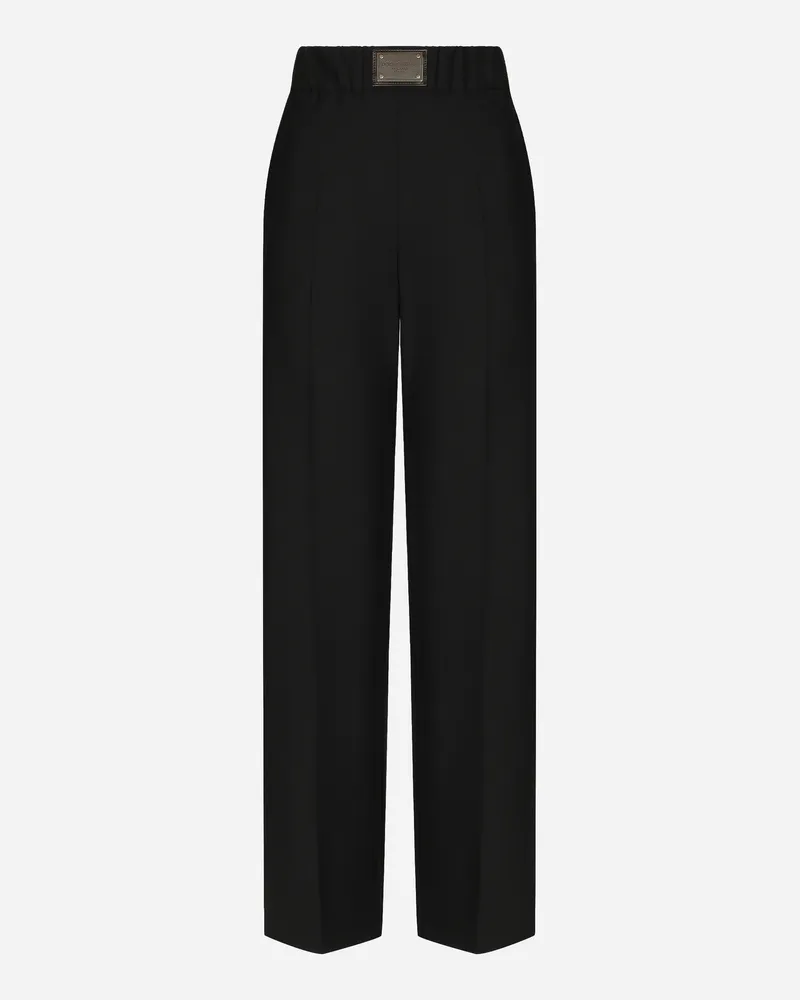 Dolce & Gabbana Ausgestellte Hose Aus Wolle Mit Logoplakette - Frau Hosen Und Shorts Schwarz Wolle Schwarz