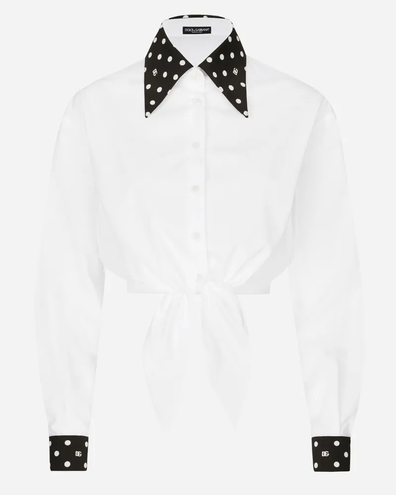 Dolce & Gabbana Cropped-Bluse mit Knoten in der Taille aus Baumwolle Punkteprint Weiss